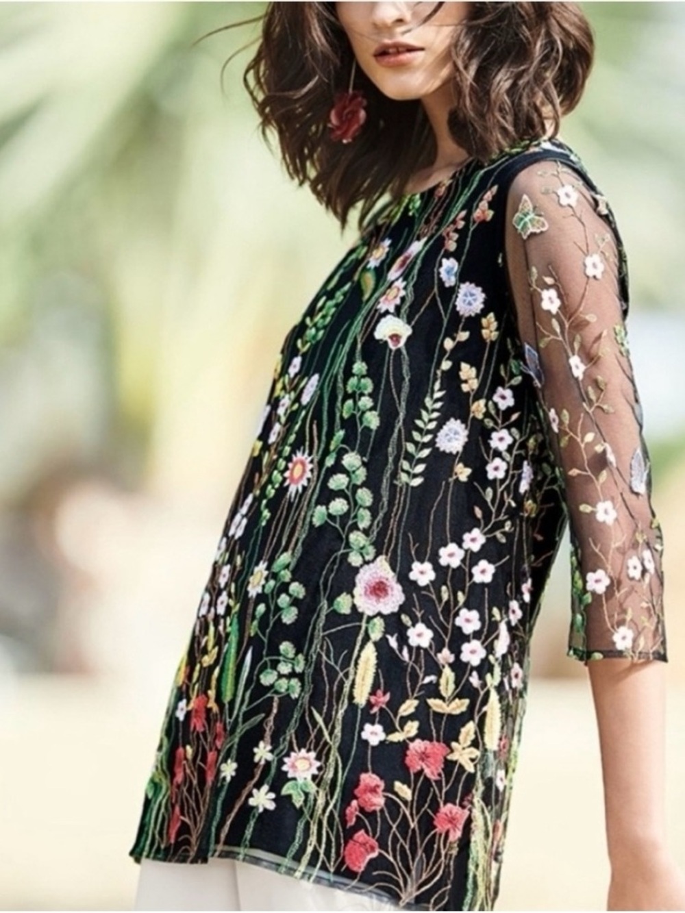 Caroline Rose Garden Walk Embroidered Tunic, sheer 3/4 sleeves black multi-color - Picture 8 of 16